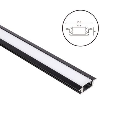 Black Profile for LED strip with tabs with opaline diffuser (to be recessed) W.24.7xH.7mm