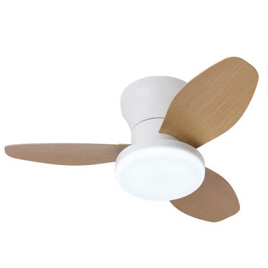 Ventilador DC TAURO blanco/haya, 3 aspas, 48W LED 3000|4000|6000K, Al.18xD.85cm