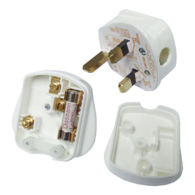 Rewirable english plug (UK) type G white with 3A fuse 2P+T, 250Vac, in thermoplastic resin