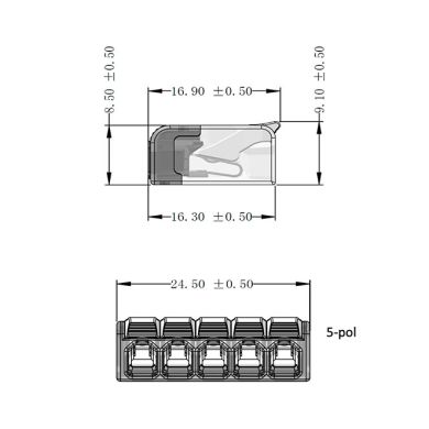 Conector compacto p/cable con palanca de apertura y cierre 5 poles 0,2-2,5mm2 450V 24A (caja 50pc)