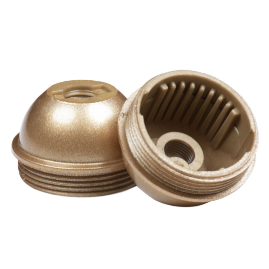 Capa dourada brilhante p/suporte E27 de 3-peças com rosca (M10x1) e batente, em resina termoplástica