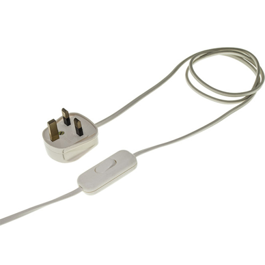 Extensão eléctrica 1,5m fio 2x0,75mm² transparente, ficha Inglesa (UK) e interruptor de mão branco