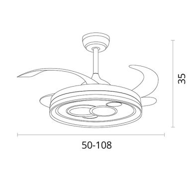 Ventilador DC DAFNE negro, 4 aspas retráctiles, 72W LED 3000|4000|6000K, Al.35xD.108/50cm