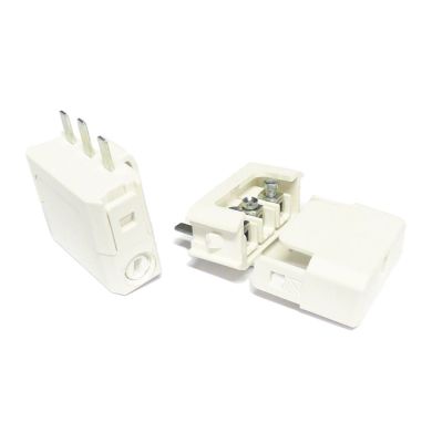 Clavija blanca 2P+T, desmontable 250Vac, 6A, IP20, en resina termoplástica