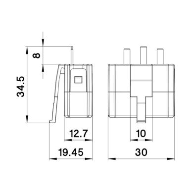 Ficha branca 2P+T reutilizável 250Vac, 6A, IP20, em resina termoplástica