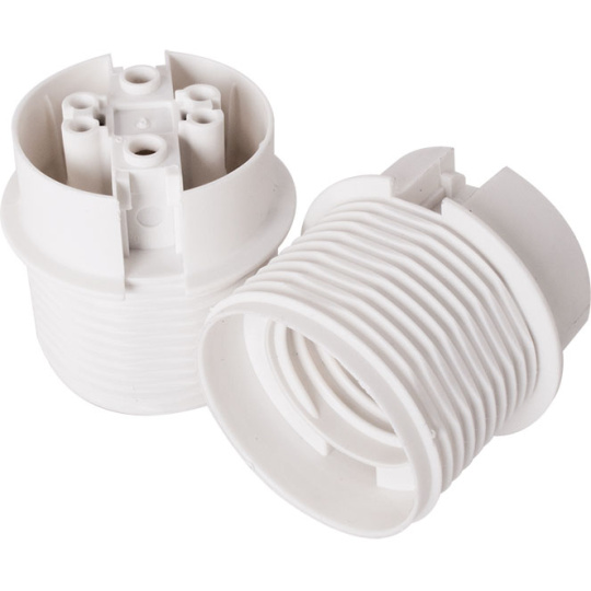 White E27 2-pieces lampholder with partly threaded outer shell, in thermoplastic resin