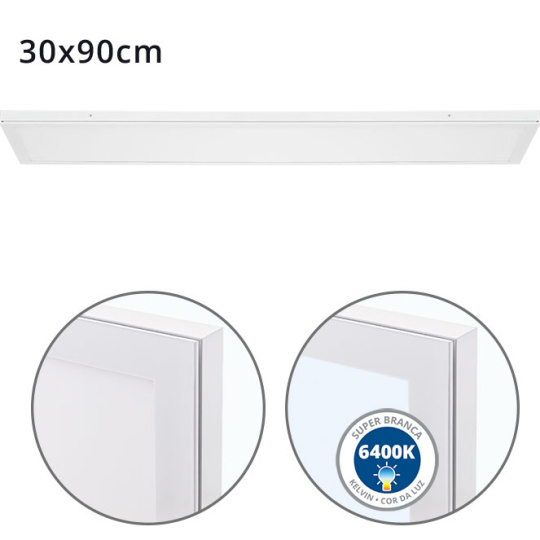 Painel de superfície VOLTAIRE 30x90 72W LED 5760lm 6400K 120° C.90xL.30xAlt.2,3cm Branco
